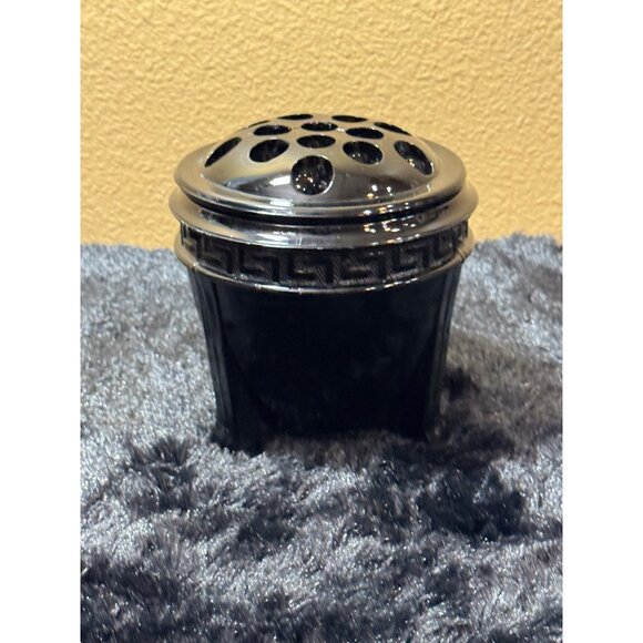 Vintage LE Smith Black Glass Greek Key Flower Frog Footed 2 Piece Vase - Picture 2 of 8